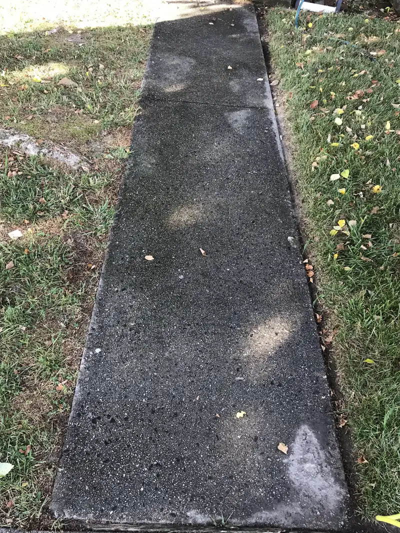 A narrow concrete walkway between strips of grass, part way through a wash